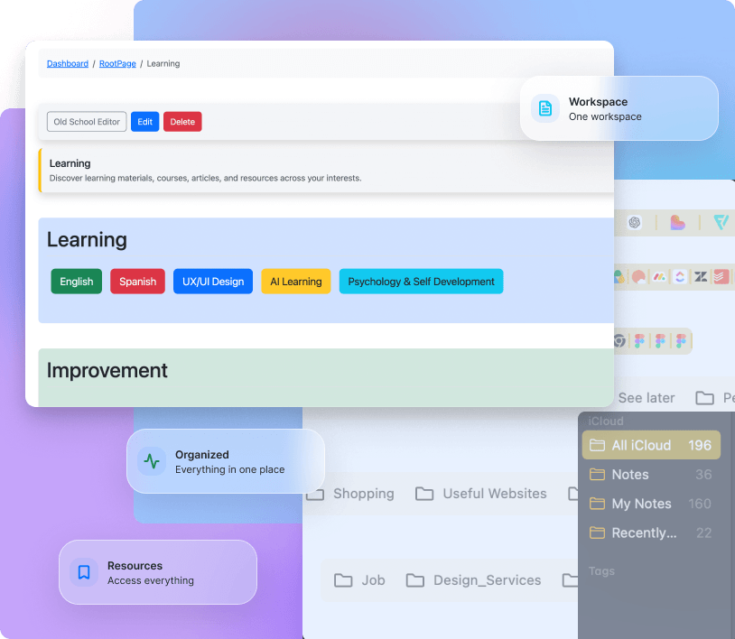Structured learning environment combining knowledge pages, saved resources, and goal tracking
