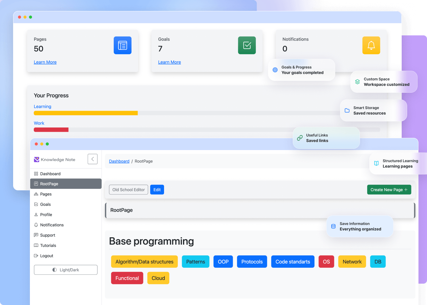 KnowledgeNote personal workspace — save notes, links, and track learning goals in one place